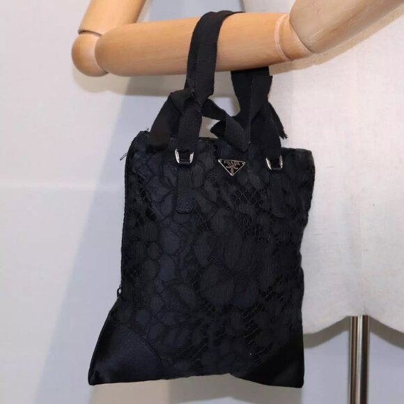 PRADA Hand Bag Satin Black Silver Auth - Picture 1 of 15